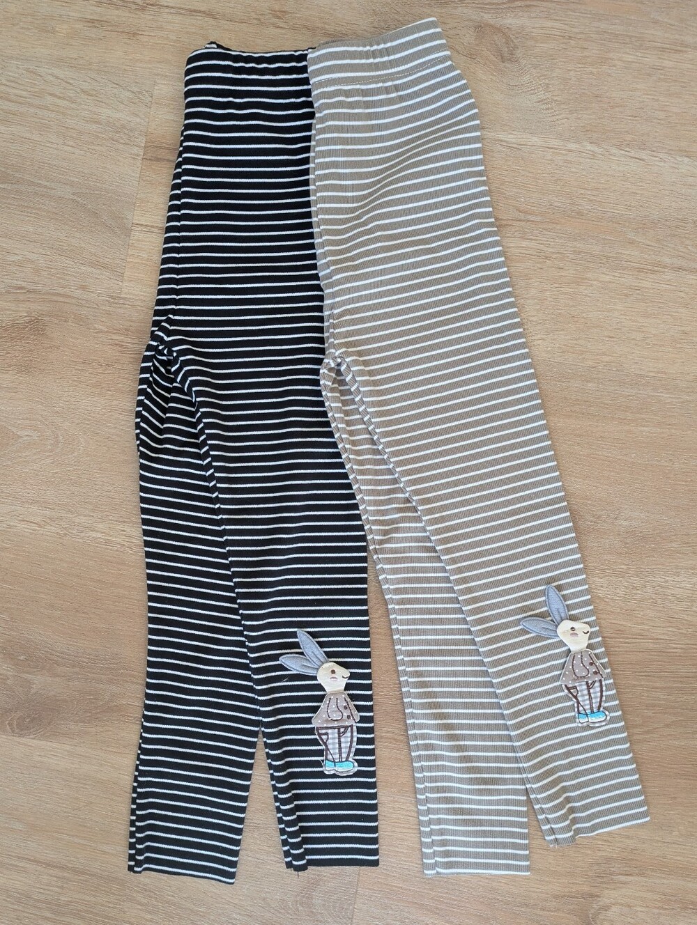 2 Pairs Of Striped Kids Leggings with Bunny Applique - Black & Beige